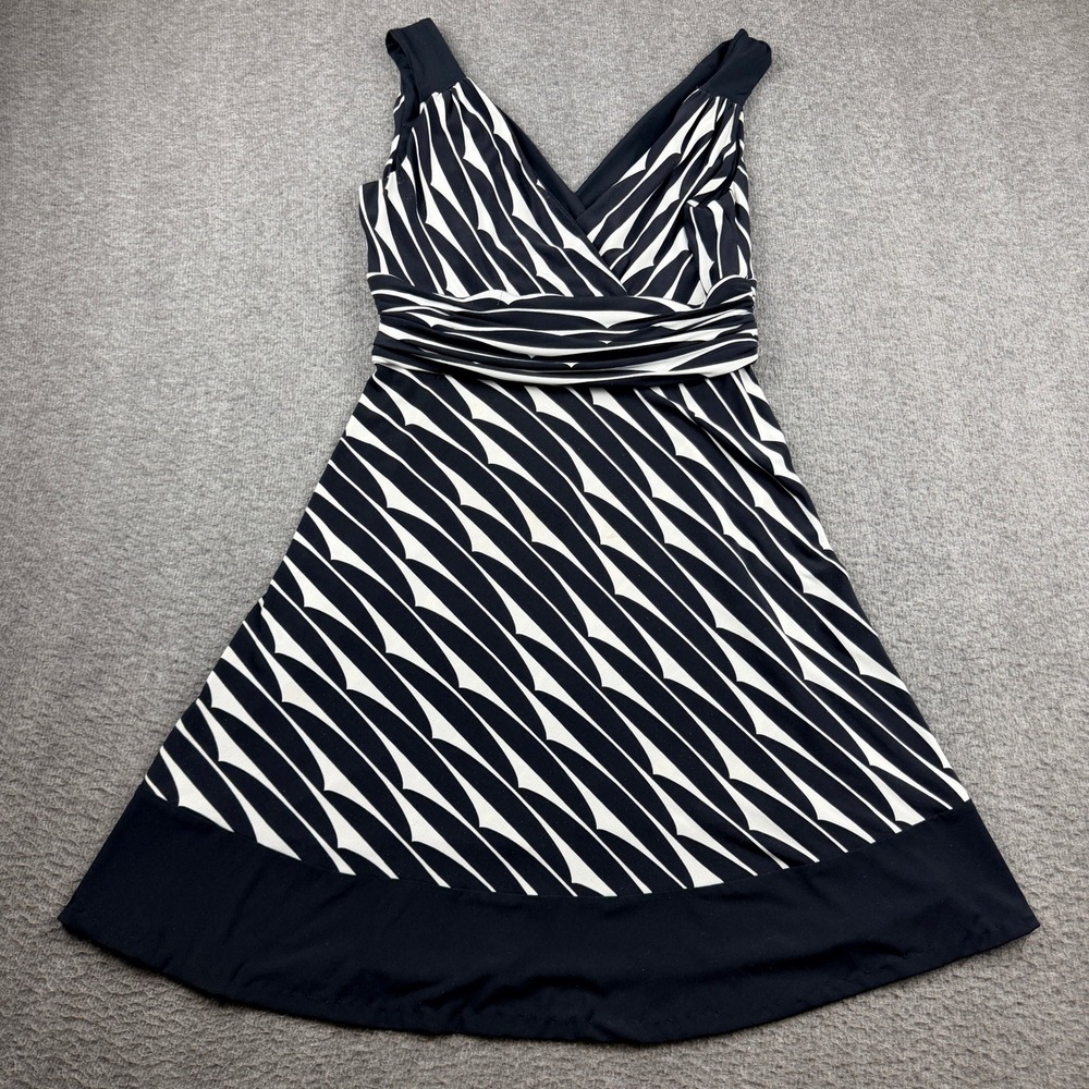 Donna Morgan Black‎ White Geometric V-Neck Ruched Waist A-Line Dress Size 8